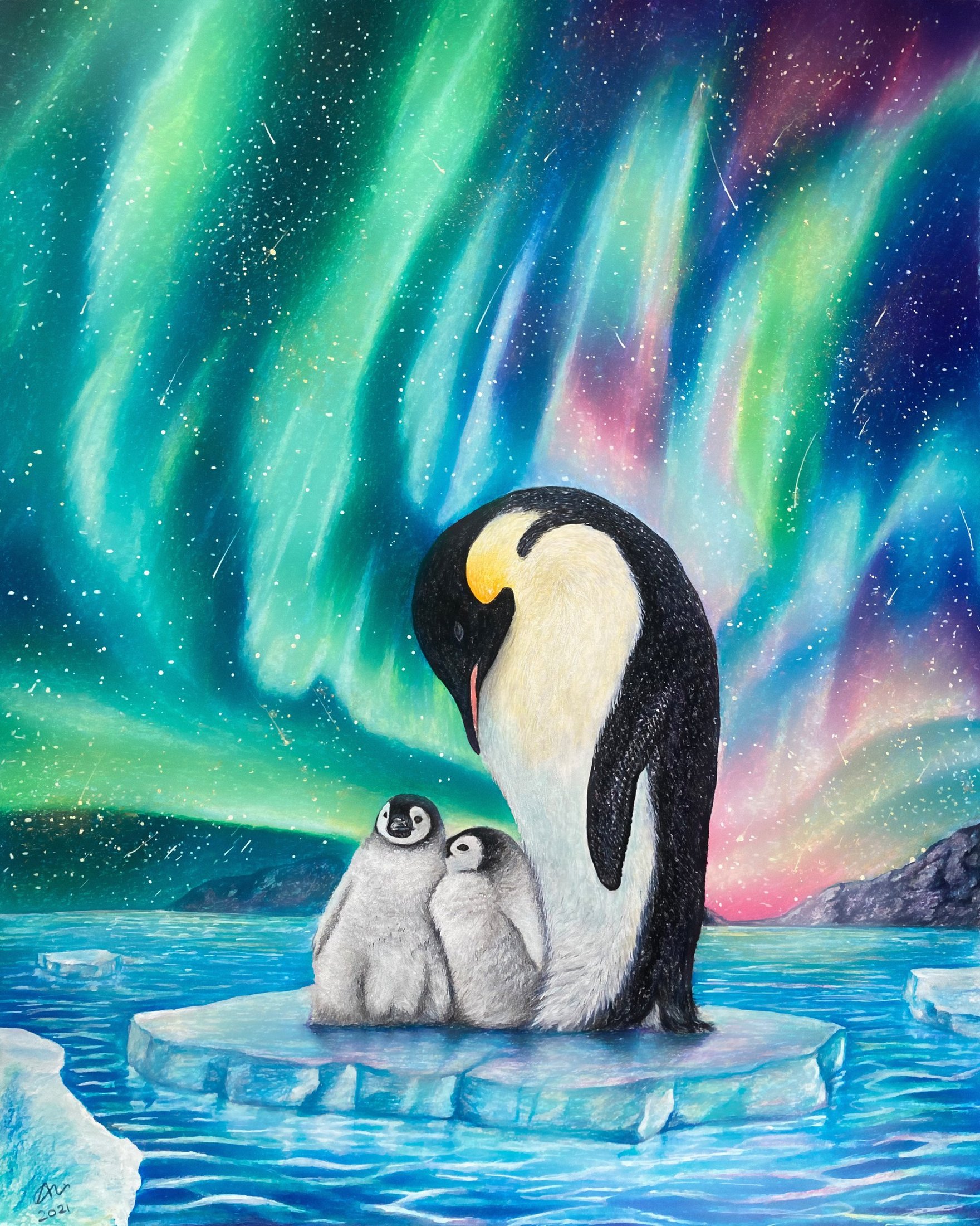 Aurora, Alireza Hemadani, original coloured pencil artwork depicting Emperor penguins under the aurora borealis, Caran d'Ache, 2021