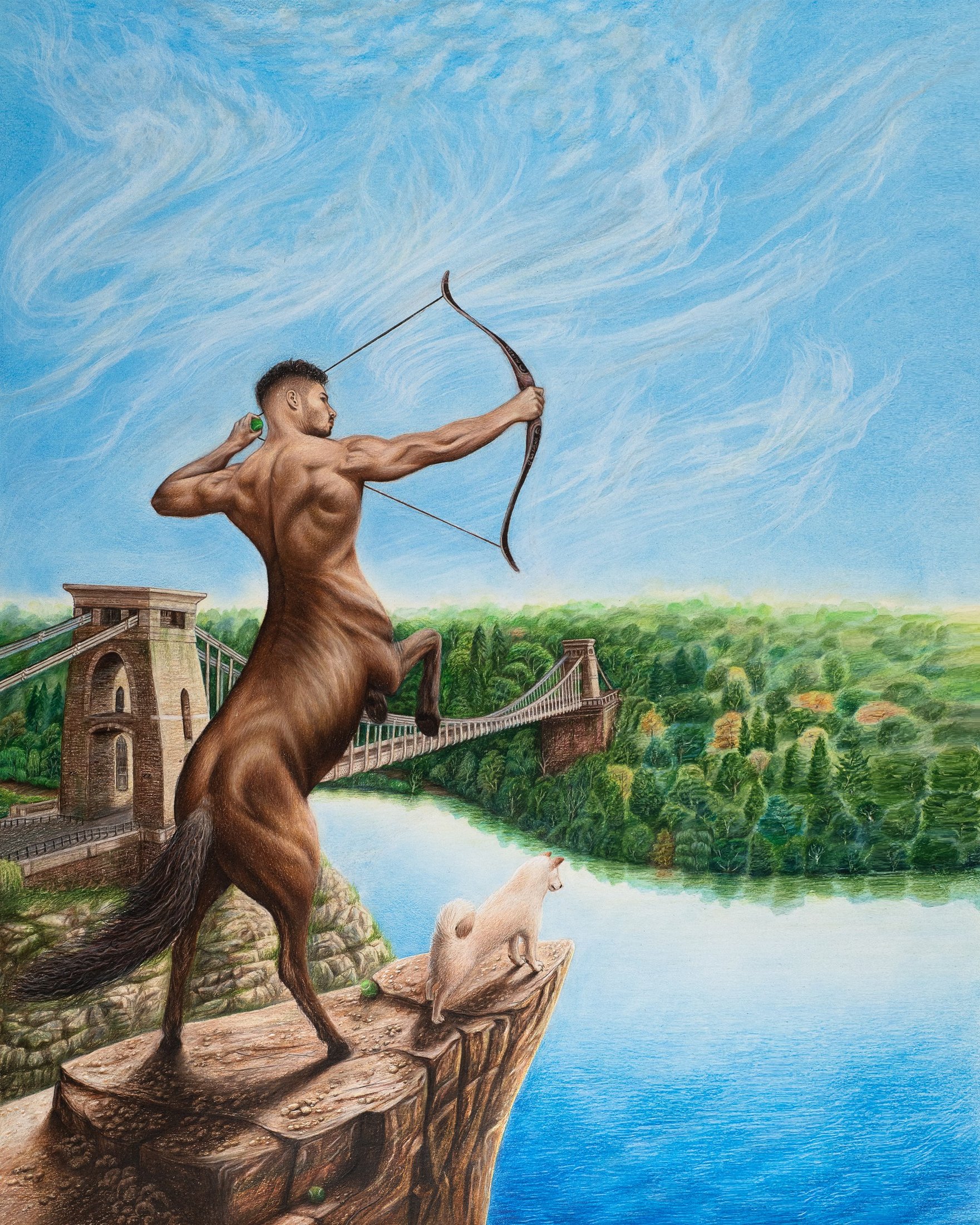 Fetch, Alireza Hemadani self-portrait as Sagittarius centaur against the Clifton Suspension Bridge, Bristol, coloured pencil on Bristol board, Caran d'Ache, 2021