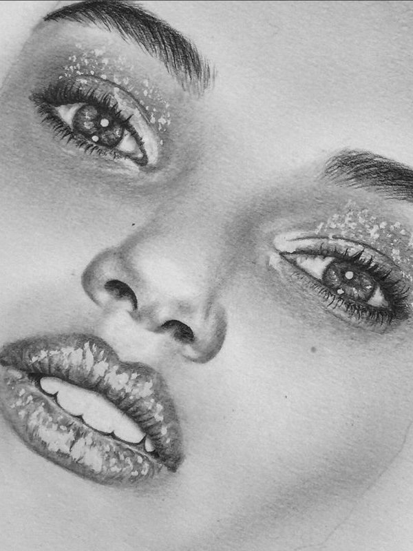 Early graphite close-up study by Alireza Hemadani, eyes and lips detail, pencil on paper