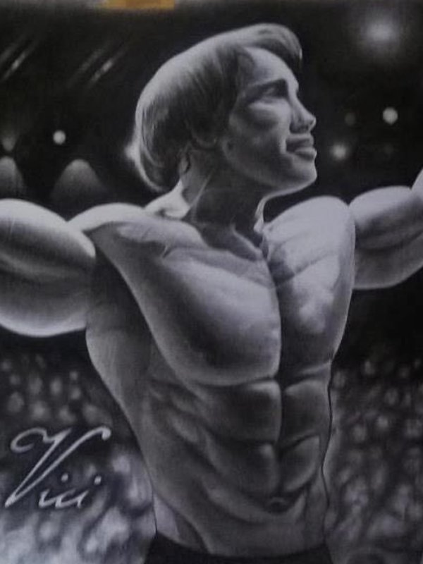 Early graphite artwork by Alireza Hemadani, bodybuilder figure study, Veni Vidi Vici, pencil on paper