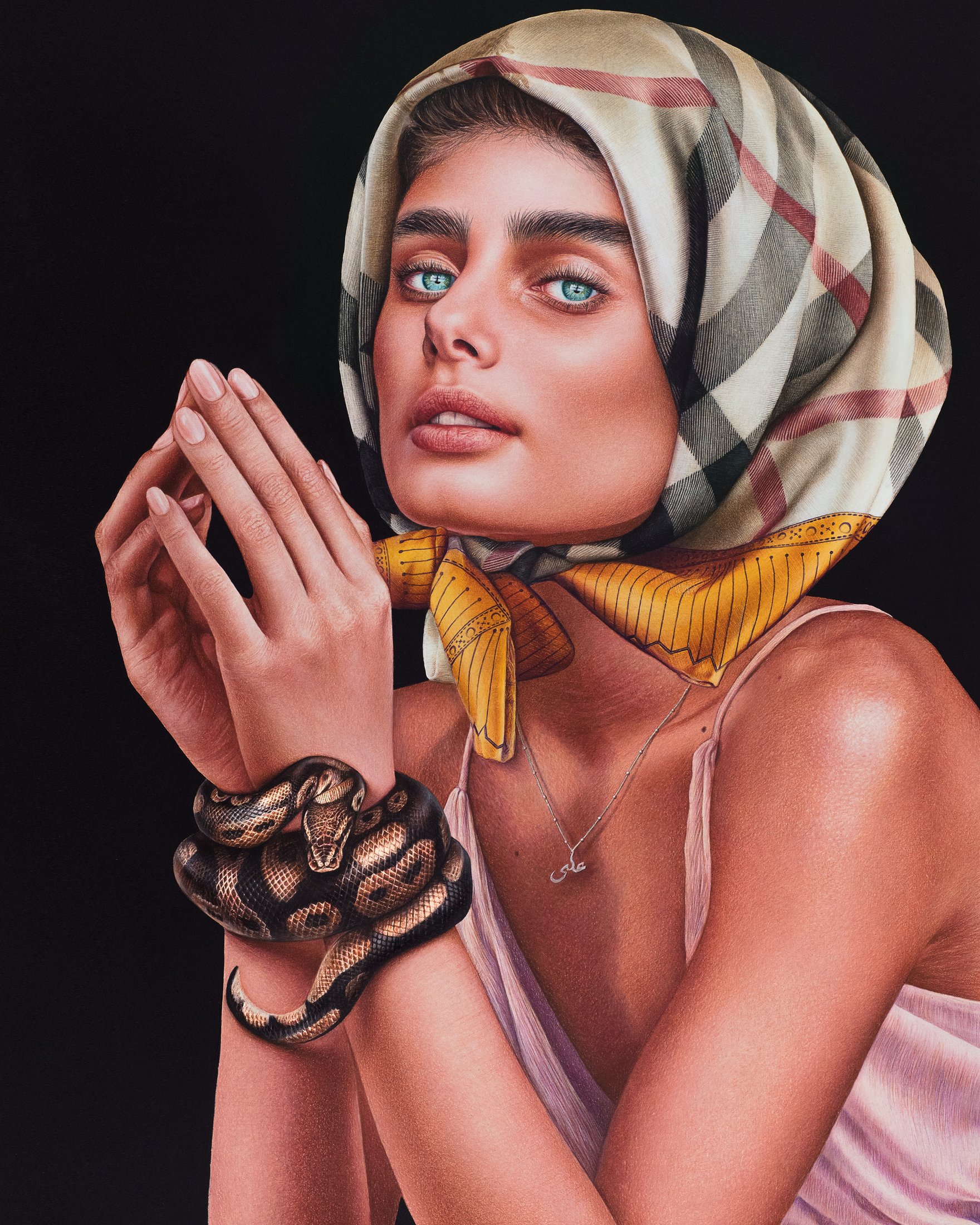 Zan. Zendegi. Azadi. (Woman. Life. Freedom.), original coloured pencil artwork by Alireza Hemadani, 2022, responding to the Iranian uprising, Caran d'Ache on Bristol board, 42 × 59 cm